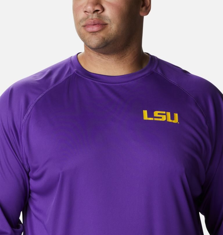 Men's Columbia Collegiate PFG Terminal Tackle Long Sleeve - LSU Sweatshirts Purple | Plus Size CA-BC361